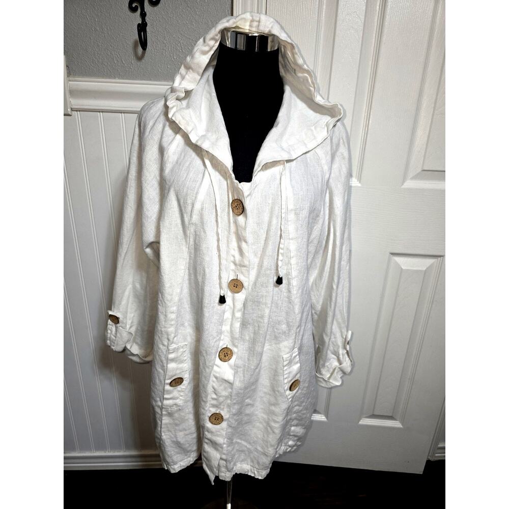 For Cynthia Womens 2xl White Hooded Button-Up Jacket 100% Linen Lagenlook